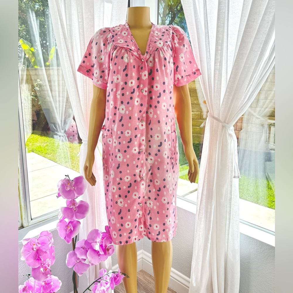 Vtg Sindrella Women’s Pink Gown Size M Medium Floral Retro V Neck Nighty Tunic